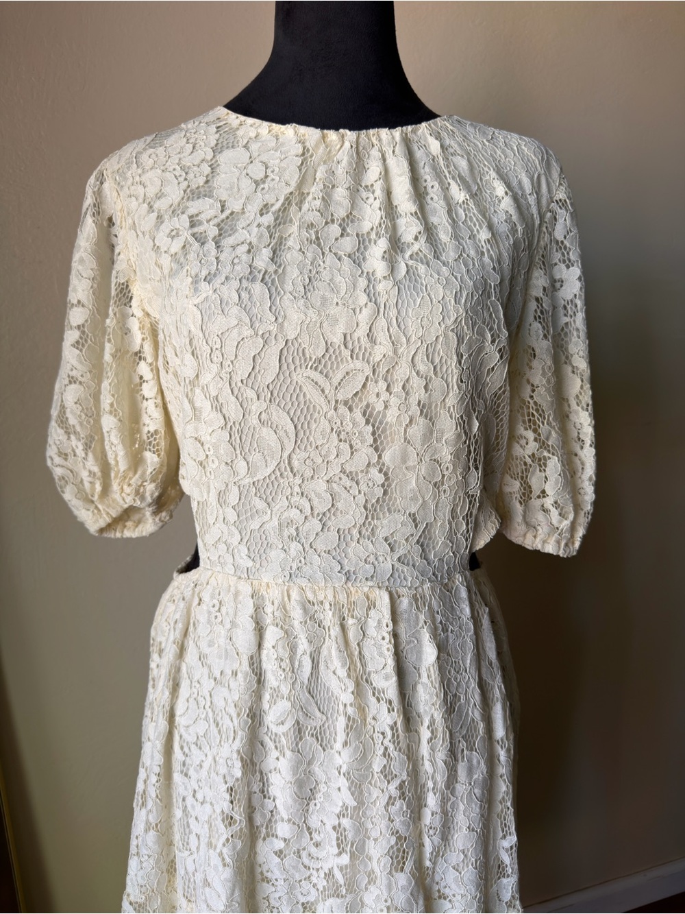 Cream lace high neck dress side cutouts lovecolette large cotton blend